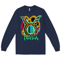 Navy Taurus Zodiac Sign Sunflower Leopard Serape Long Sleeve Tee - RanaPortraitStore