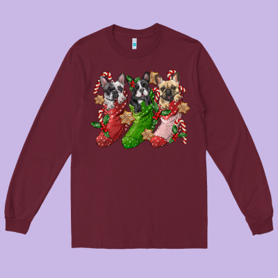 French Bulldog With Christmas Socks Long Sleeve Tee Designed By Fadigitalartstudio