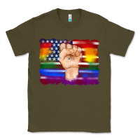 Army Green lgbtq flag and american flag with hand Classic Tee - Artiststas