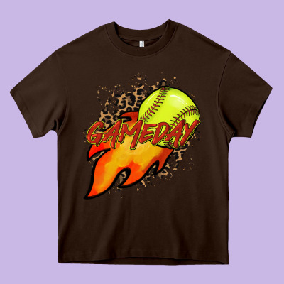 Softball Game Day Leopard Fire And Ball Heavy Core Tee Designed By Howdyjamesfarm