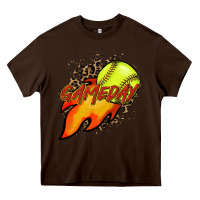 Chocolate Brown Softball game day leopard fire and ball Heavy Core Tee - HowdyJamesFarm