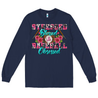 Navy stressed blessed & baseball obsessed Long Sleeve Tee - BundleAndBundleShop