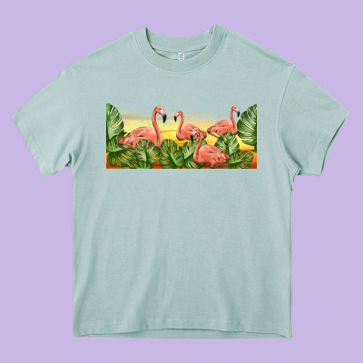 Flamingos With Sunset Heavy Core Tee Designed By Tumblerdesignbyshophia