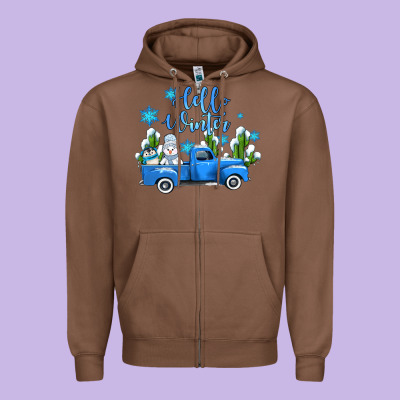 Hello Winter With Sniwman And  Truck Zipper Hoodie Designed By Adodesignshop
