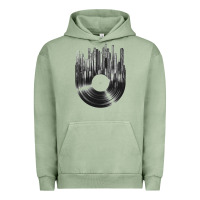 Pigment Oil Green vinyl record cityscape Urban Hoodie - linhVisuals