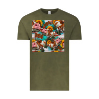 Vintage Olive cow with aztec and sunflowers seamless pattern Vintage Tee - FaDigitalArtStudio