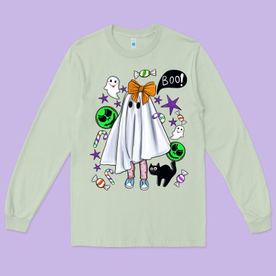 Cute Ghost Halloween Long Sleeve Tee Designed By Bundleandbundleshop