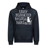 Navy easily distracted by cats and books   cute book lover t shirt Urban Hoodie - linhVisuals
