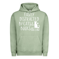 Pigment Oil Green easily distracted by cats and books   cute book lover t shirt Urban Hoodie - linhVisuals