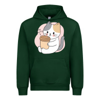 Forest Green Cat Drinking Coffee Kitten Kawaii Japanese Kitty Urban Hoodie - linhVisuals