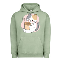 Pigment Oil Green Cat Drinking Coffee Kitten Kawaii Japanese Kitty Urban Hoodie - linhVisuals