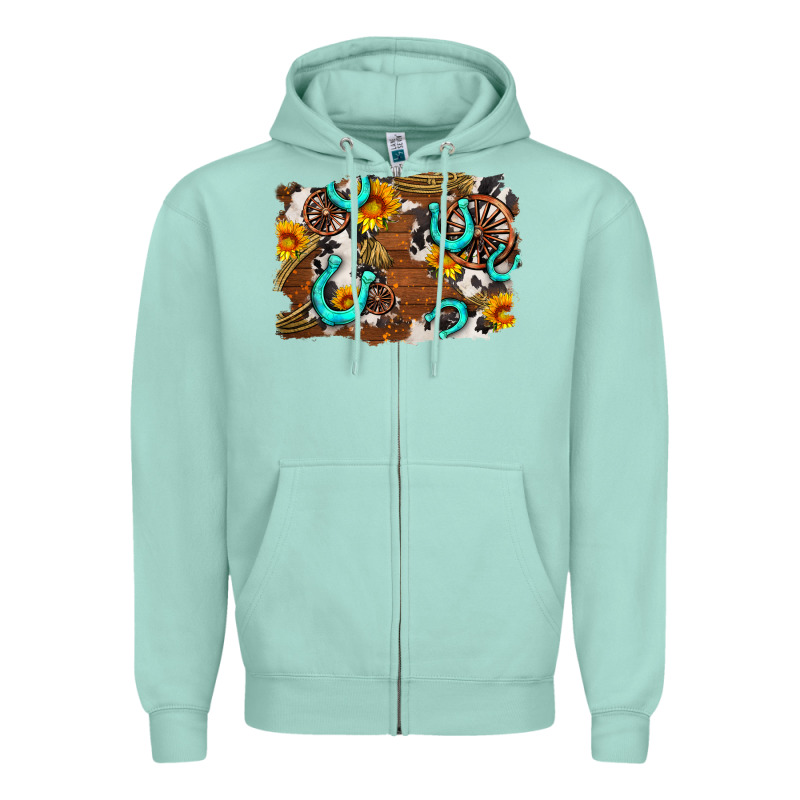 Western Cowhide Horseshoe Sunflower Background Zipper Hoodie by AdoDesignShop | Teevron