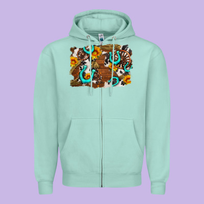 Western Cowhide Horseshoe Sunflower Background Zipper Hoodie Designed By Adodesignshop