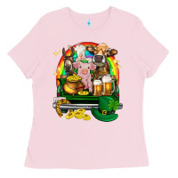 Bubblegum Pink St. Patrick's Day farm animals on truck Ladies Tee - HowdyJamesFarm