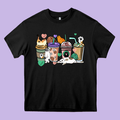 Cat Coffee Cups Heavy Core Tee Designed By Howdyjamesfarm