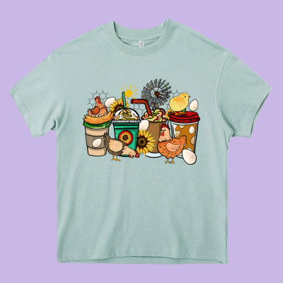 Chicken Coffee Cups Heavy Core Tee Designed By Howdyjamesfarm