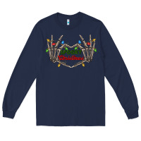 Navy spooky christmas skeleton hands Long Sleeve Tee - FaDigitalArtStudio