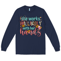 Navy she works willingly with her hands Long Sleeve Tee - FaDigitalArtStudio