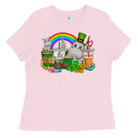Bubblegum Pink St. Patrick's Hippopotamus coffee cups Ladies Tee - CowGirlArtShop