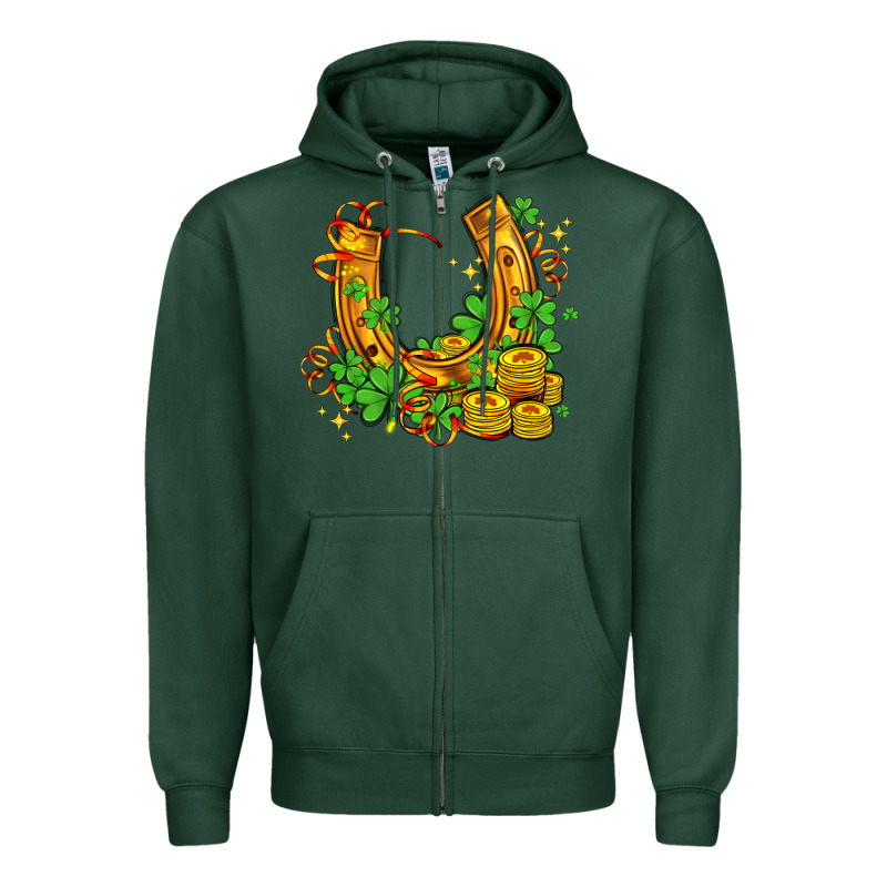 Horseshoe With Shamrocks And Coin Zipper Hoodie by AdoDesignShop | Teevron