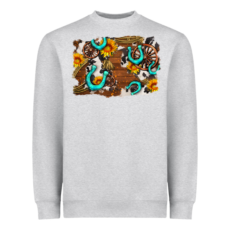 Western Cowhide Horseshoe Sunflower Background Heavyweight Sweatshirt by AdoDesignShop | Teevron