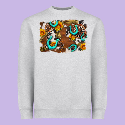Western Cowhide Horseshoe Sunflower Background Heavyweight Sweatshirt Designed By Adodesignshop