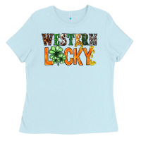 Baby Blue Western lucky with clover St. Patricks day Ladies Tee - HowdyJamesFarm