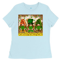 Baby Blue St. Patrick's Day gnomies with leopard tumbler Ladies Tee - HowdyJamesFarm