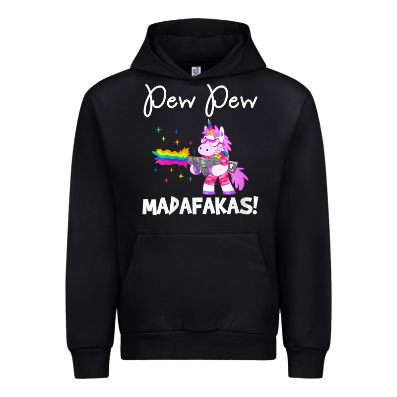 Womens Pew Madafakas Funny Fantasy Unicorn With Rainbow Gun   White V Urban Hoodie by linhVisuals | Teevron