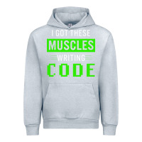 Heather Grey funny programmer writing code muscles meme for computer geek Urban Hoodie - linhVisuals