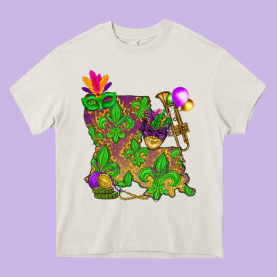 Louisiana Map Mardi Gras Heavy Core Tee Designed By Howdyjamesfarm