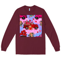 Burgundy valentines day truck and cupid in the sky seamless pattern Long Sleeve Tee - BundleAndBundleShop