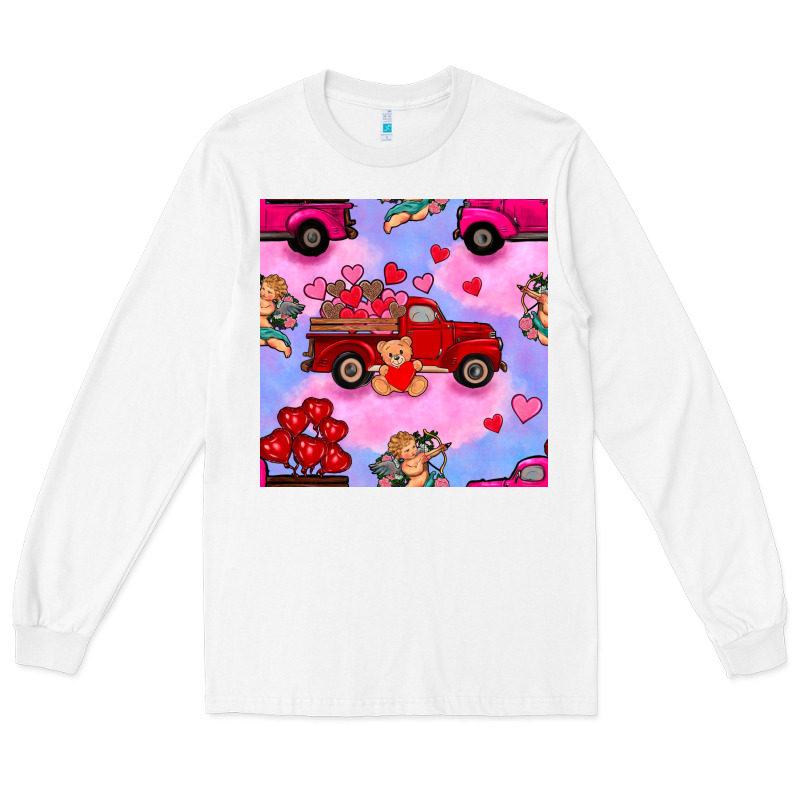 Valentines Day Truck And Cupid In The Sky Seamless Pattern Long Sleeve Tee by BundleAndBundleShop | Teevron