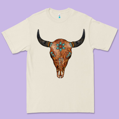 Western Tooled Leather Bull Skull Premium Tee Designed By Jasminsmagicworld