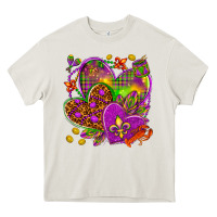 Cream Mardi Gras hearts Heavy Core Tee - HowdyJamesFarm