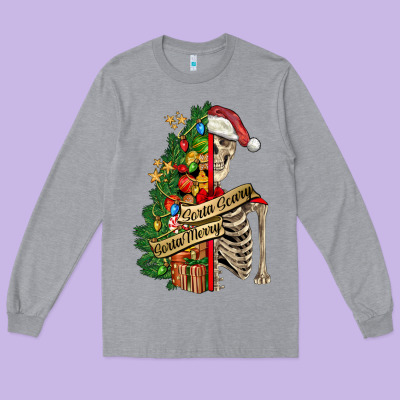 Sorta Merry Sorta Scary Skeleton Long Sleeve Tee Designed By Fadigitalartstudio