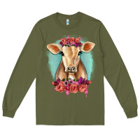 Army Green Floral Cow Long Sleeve Tee - RanaPortraitStore