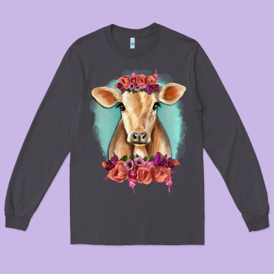 Floral Cow Long Sleeve Tee Designed By Ranaportraitstore