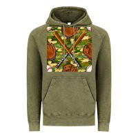 Vintage Olive baseball bat and gloves with camouflage seamless pattern Vintage Hoodie - BundleAndBundleShop