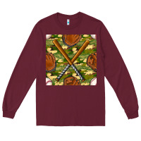 Burgundy baseball bat and gloves with camouflage seamless pattern Long Sleeve Tee - BundleAndBundleShop