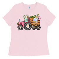 Bubblegum Pink Easter bunny tractor Ladies Tee - CowGirlArtShop