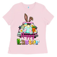 Bubblegum Pink Bunny Happy Easter truck Ladies Tee - CowGirlArtShop