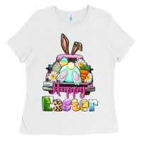 White Bunny Happy Easter truck Ladies Tee - CowGirlArtShop