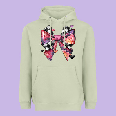 Coquette Bow Floral Checkered Pattern Heavyweight Hoodie Designed By Jahusdesignshop