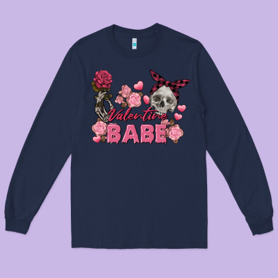 Valentine Babe Valentine's Day Skull Long Sleeve Tee Designed By Fadigitalartstudio