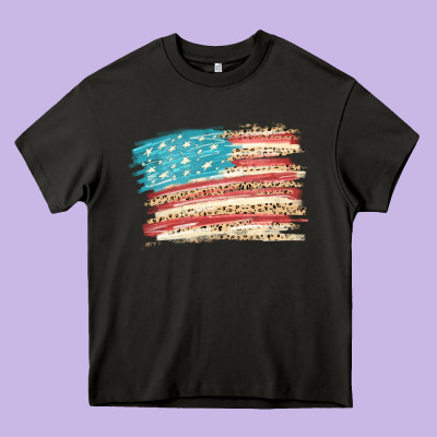 American Flag With Leopard Heavy Core Tee Designed By Howdyjamesfarm