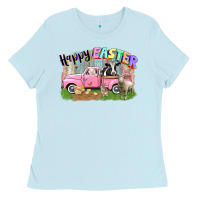 Baby Blue Happy Easter truck with farm animals Easter Day Ladies Tee - CowGirlArtShop
