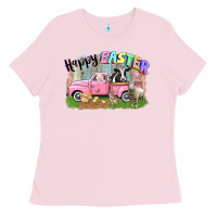 Bubblegum Pink Happy Easter truck with farm animals Easter Day Ladies Tee - CowGirlArtShop