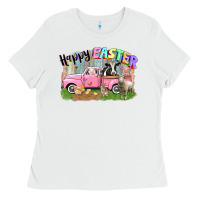 White Happy Easter truck with farm animals Easter Day Ladies Tee - CowGirlArtShop