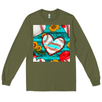 Army Green baseball hearts and sunflowers with turquoise gemstone seamless patter Long Sleeve Tee - BundleAndBundleShop